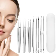 角栓取り 毛抜き ピンセット 【専用8本セット】 先端は幅0.1mm 角栓除去 抗菌ステンレス 毛穴ケア専用キット 黒ずみ ニキビ針 顔 鼻ケア いちご鼻 収納ケース付き 精密 携帯便利 レディース兼用 シルバー