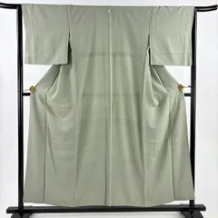 小紋 身丈154cm 裄丈64cm M 袷 落款 幾何学模様 灰緑 正絹 秀品 一つ紋 【中古】
