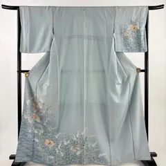 訪問着 身丈166cm 裄丈66cm M 袷 鴛鴦 桜 ぼかし 水色 正絹 秀品 一つ紋 【中古】