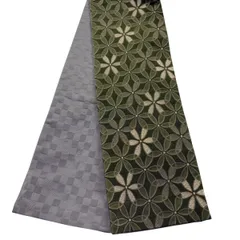 【美品】半幅帯 優品 花 幾何学模様 茶緑色 化繊 【中古】