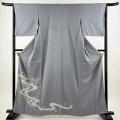 付下げ 身丈161cm 裄丈64cm M 袷 花丸文 流水 刺繍 絞り 青灰色 正絹 秀品 【中古】