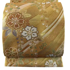袋帯 秀品 振袖向き 桜 流水 金糸 唐織 金色 六通 正絹 【中古】
