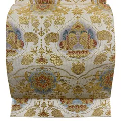 【美品】 袋帯 秀品 向かい鳥文 草花 金糸 箔 ベージュ 六通 正絹 【中古】