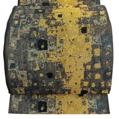 【美品】 袋帯 秀品 幾何学 金糸 箔 青 六通 正絹 【中古】