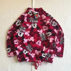 希少　dead stock　タグ付　90s　vintage　Old Disney　ヴィンテージディズニー　MICKEY UNLIMITED　ミッキーマウス　キャラクター　ロゴ総柄フリース　スウェット　モックネック　裾ドローコード　赤　一点物　Y2K　サブカル