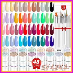 Saviland 48-Color Gel Nail Set with 15 Nail Brushes, Color Gel Nail Polish Set, DIY Nail Art Design, Nail Salon Drawing Brush, 1