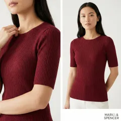 MARKS & SPENCER【M】リブニット 半袖 レッド シルク混 美品