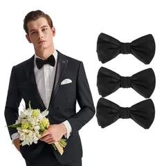 ふじやま織 二重層 簡単 ネクタイ 調整可能な 蝶 お手軽に使用可能な フック ワンタッチ 装着 ブラック無地 大人 から 【3本セット】メンズ 子供 ボウタイ 卒業式 結婚式 蝶ネクタイ まで RICISUNG 黒