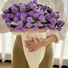 【新品】バラの花束ブランケット パープル（22輪）ギフトバッグ入り 敷物 手編み風 膝掛け おしゃれ ロマンチック 誕生日 贈り物