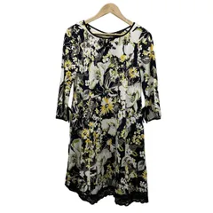 スーパービューティー ワンピース サイズ42 L レディース美品  - 黒×白×マルチ クルーネック/長袖/ひざ丈/花柄/ビーズ/ビジュー/レース