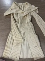 アイボリー ケーブル編み ニット カーディガン ロング丈