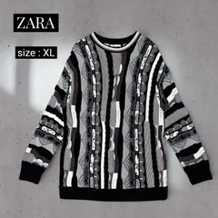 ZARA 立体ジャガードニット セーター 総柄 ブラック系 XL コットン100%