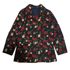 テーラードジャケット　コーデュロイ　花柄　総柄　ドット　フラワー　レトロ　ヴィンテージ　希少　一点物　マルチカラー　ブラック　レッド　黒　赤