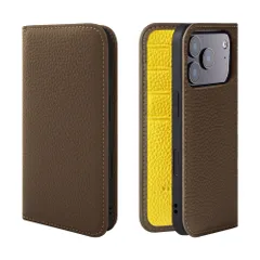 新品 HANATORA for iPhone 17Pro ケース 手帳型 本革 スマホケース スマホ スタンド コードホルダー 付き シュリンクカーフレザー マグネットなし トープ + イエロー PH-17Pro-Taupe-YL ギフト 誕生日 女性 男性