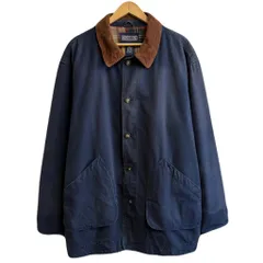 〜90's vintage ビンテージ LAND'S END ランズエンド ハンティング ジャケット カバーオール 襟コーデュロイ 裏地チェック柄 紺 ネイビー XLサイズ No.M353