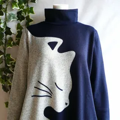 新品 a050 ML 裏起毛 大きなねこ柄 配色 ワンピース 紺系 秋 冬 レディース ハイネック ストレッチ ニットソー あったか 50代 60代 70代