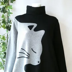 新品 a052 ML 裏起毛 大きなねこ柄 配色 ワンピース 黒系 秋 冬 レディース ハイネック ストレッチ ニットソー あったか 50代 60代 70代