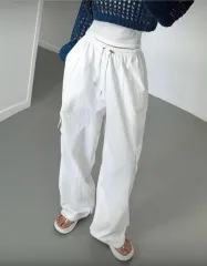 レディース 夏 シャカシャカ素材 カーゴ 伸縮性シャーリング ストラップ調整可能 伸縮性 ワイド ジョガー ズボン