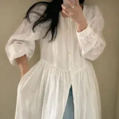 レディース 春 レース フラワー 花 刺繍 エンブロイダリー ロング シャツ ルーズフィット オーバーサイズ ONE PIECE