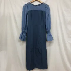 美品 ECLIN キャンディースリーブレイヤード風異素材シアー切替ロングワンピース ドレス ブルー L 結婚式 オケージョン