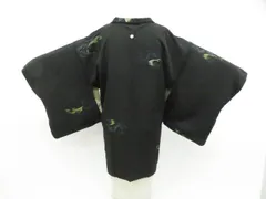 【一輝堂】黒羽織 一つ紋 金糸 流水 羽織紐付 正絹 着物 身丈約80cm 裄丈65.5cm 26z01-348