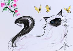 原画#309 猫 蝶 春 水彩画 ドローイング インテリア アート イラスト