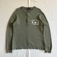 極希少　90s　初期HEAVYタグ　HYSTERIC GLAMOUR　ヒステリックグラマー　H.M.F 7734-09　ミリタリーロゴプリント　ヘンリーネック　薄手スウェット　カーキグリーン　Y2K　平成レトロ　henry neck sweat shirt