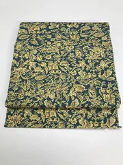 【中古】 名古屋帯 正絹 青緑地に花鳥模様 九寸 全通柄 