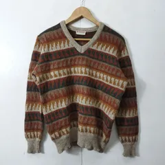 McGREGOR マックレガー 80s プルオーバー ニット セーター 長袖 柄物 総柄 Vネック ボーダー イタリア製 ユーロ 80s 古着 ヴィンテージ ブラウン系 B1