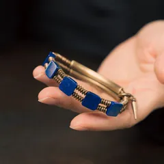 天然ラピスラズリ×真鍮 二重ブレスレット｜10mmスクエア｜ユニセックス｜ヴィンテージミックスデザイン｜ハンドメイド 一点もの感覚 アクセサリー 数量限定 一点もの 手作り プレゼント おしゃれ 誕生日 ギフトにもおすすめ レトロ  SGYP268