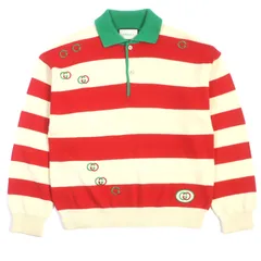 美品▼GUCCI グッチ 571546 インターロッキングG ボーダー柄 ロゴワッペン付き 刺繍入り ニット 長袖ポロシャツ クリーム レッド グリーン XL イタリア製 正規品 メンズ