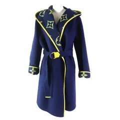 極美品◎LOUIS VUITTON ルイヴィトン FJC022NUV ジャイアントモノグラム ウール シルク ラムレザー使い ベルト付き 裏モノグラム柄 フーデッド ロング丈 コート ネイビー イエロー 36 イタリア製 正規品 レディース