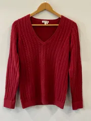 ピ445⚫︎LACOSTE⚫︎ラコステ⚫︎ニット⚫︎セーター⚫︎美品⚫︎Vネック⚫︎ケーブル編み⚫︎コットン⚫︎レディース⚫︎size38⚫︎ボルドー
