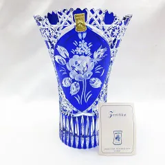 シール有 Meissen マイセン クリスタル フラワーベース 花瓶 花器 ガラス 高さ27cm ブルー 青 インテリア E575Z ★4086のサムネイル