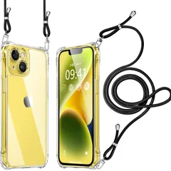 iPhone 14 ケース クリア ショルダー 耐衝撃 レンズ保護 肩掛け 首かけ 斜めがけ 縄掛け カバー 調節可能な 透明 落下防止 縦/横 紛失防止 2WAY （ブラック）