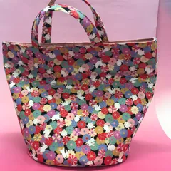 【福祉施設制作】向日葵作　トートバック「ウサギとお花畑の丸底トートバック（和柄）」NO.4913　P（弐）