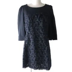 【ドンドン見直し】未使用品☆正規品 TO BE CHIC トゥービーシック リボン付 カットワークレース 7分袖 ワンピース/チュニック ダークネイビー 40 レディース