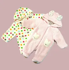 ［TK］CROISSANCE BEBEくろわっさんす べべ  ウサギの着ぐるみロンパース60~70cm＆MIKI HOUSE ミキハウス カラフル水玉のクマちゃんバスローブ まとめ売り