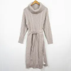 マーキュリーデュオ MERCURYDUO ニット ワンピース ロング丈 スリット 長袖 ベルト付き ケーブル編み 毛 F ベージュ kz13977