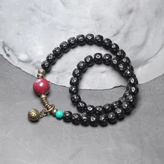 SGYP269 椰子果柄（やしのみ）×天然石 二連ブレスレット｜手彫りブラックビーズ｜ユニセックス｜民族調ヴィンテージデザイン｜ハンドメイド  一点もの感覚 アクセサリー 数量限定 一点もの 手作り プレゼント おしゃれ 誕生日 ギフトにもおすすめ レトロ