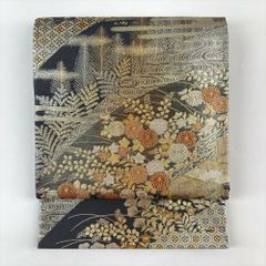 8156］袋帯 若松蒔絵 桧垣菊松 黒 金銀糸 六通 正絹 着物 フォーマル 