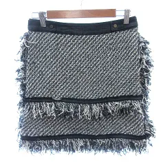 ランバンオンブルー LANVIN en Bleu 台形スカート ミニ フリンジ ツイード 38 M 黒 ブラック /AU