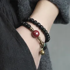 椰子果柄（やしのみ）×天然石 二連ブレスレット｜手彫りブラックビーズ｜ユニセックス｜民族調ヴィンテージデザイン｜ハンドメイド 一点もの感覚 アクセサリー 数量限定 一点もの 手作り プレゼント おしゃれ 誕生日 ギフトにもおすすめ レトロ  SGYP269