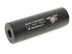 【ワケアリ】【14mm正/逆ネジアウターバレル両対応】MILITARY-BASE(ミリタリーベース)ショートサイレンサー/BK◆全長108mm NSWC刻印/CQBスタイルに/SMG/ハンドガンにのサムネイル