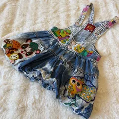 Grand Ground グラグラ デニムサロペット ワンピース 120 刺繍たっぷり アニマル くま カメ フクロウ いちご ポケットデザイン 裏地付き バルーンシルエット 女の子 キッズ