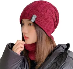 ReiLuana ニット帽 レディース ネックウォーマー セット ケーブル編み ビーニー 防寒 あったか 裏ボア 秋冬 人気 可愛い お洒落 カッコいい 帽子 (レッド,  Free Size)
