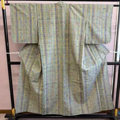 紬　単衣　着物　正絹　格子　紬着物　リサイクル着物　t-948