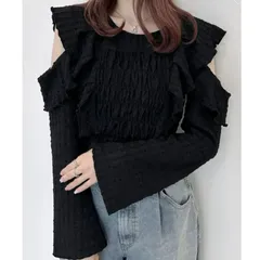 【新品/Heather/ヘザー】ショルダーカットフリルブラウス シャーリング ペプラム フリーサイズ BL ブラック 黒 参考価格6050円