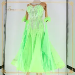 社交ダンス 衣装 スタンダードドレス ワンピース ドレス フロート リボン 黄緑 軽い イタリア製 ペチコート RS デモ 競技 ダンス パーティ 発表会 蛍光 ファー パール 高級感 鮮やか グリーン系 イベント服 踊り用ドレス パール装飾 スポーツウェア