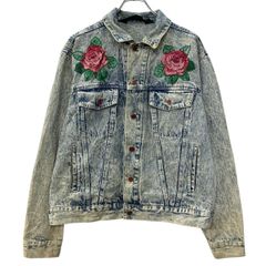 【VINTAGE☆クロップド丈デニムライダースジャケット】レディース☆薔薇刺繍S レジェンダ オーバーサイズ クラッシュ デニムジャケット 青系 S 薔薇